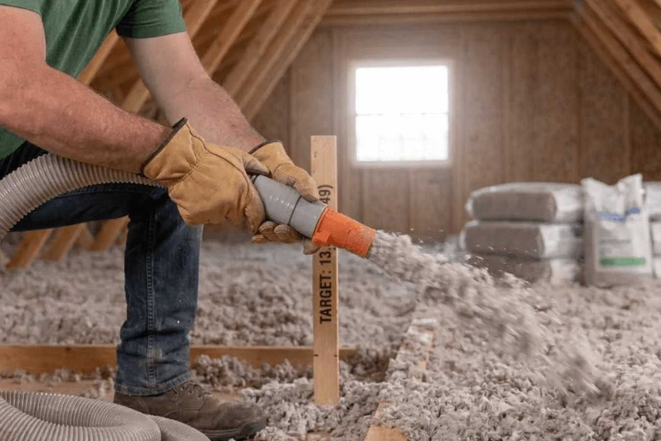 Insulation contractor working in a Salinas home attic